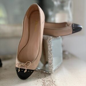 Prada Women Canvas Leather Cap Toe Ballet size 37 Size 7